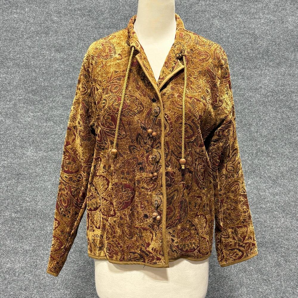 Flashback Jacket Womens Medium Brown Paisley Beaded Button Front Boho Retro